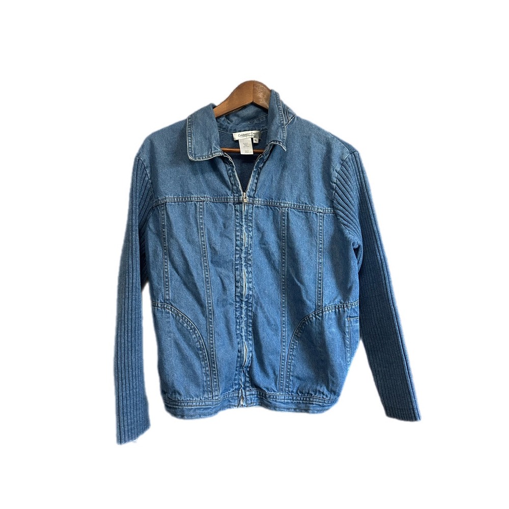 Coldwater Creek Denim Knit Jacket Womens XL Blue Excellent Mixed Media Zip Up